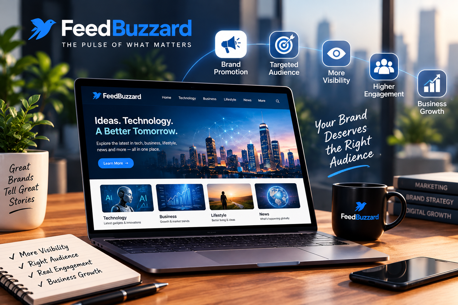 FeedBuzzard Advertise digital marketing campaign showing brand promotion, targeted audience, visibility, and business growth
