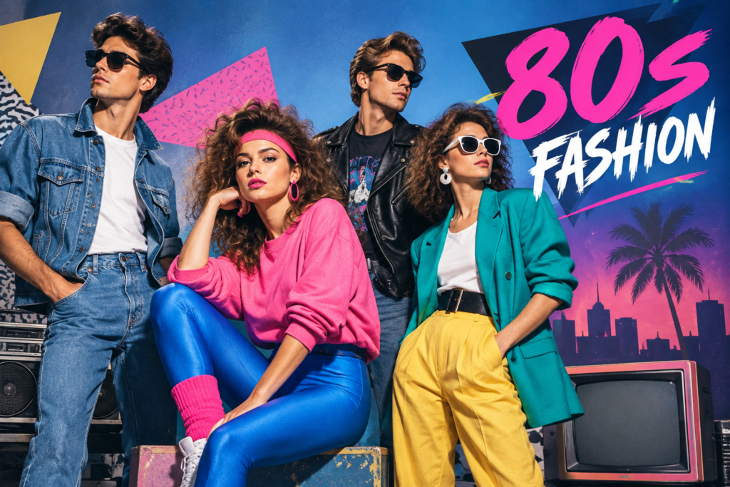 80s fashion featuring colorful retro outfits, denim, leather jackets and statement accessories