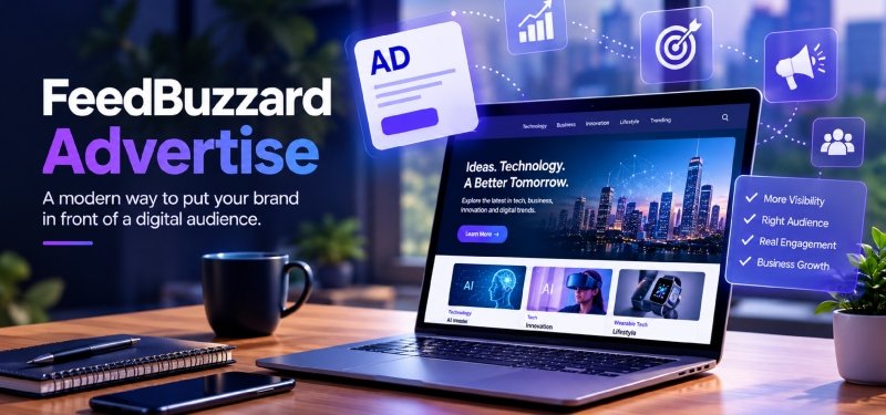 FeedBuzzard Advertise digital advertising campaign shown on a laptop with brand promotion and audience growth icons