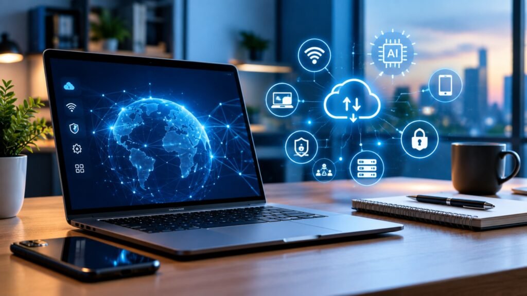 Laptop displaying a digital network with artificial intelligence, cloud computing and cybersecurity technology