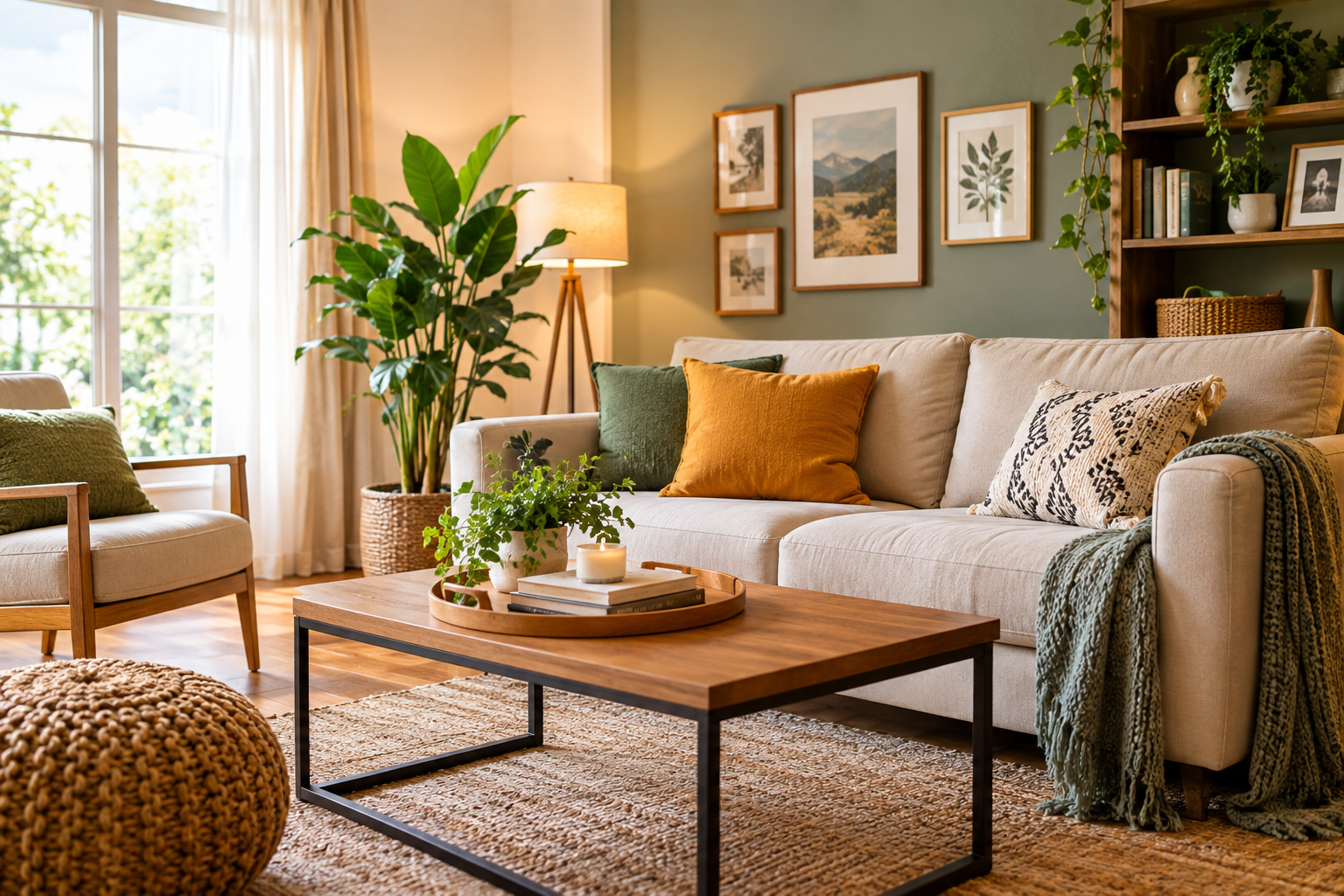 Modern cozy living room with stylish home decor, indoor plants, neutral furniture, and warm lighting