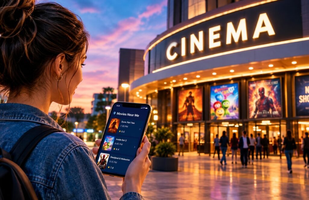 Woman using a smartphone to find movies near her at a cinema
