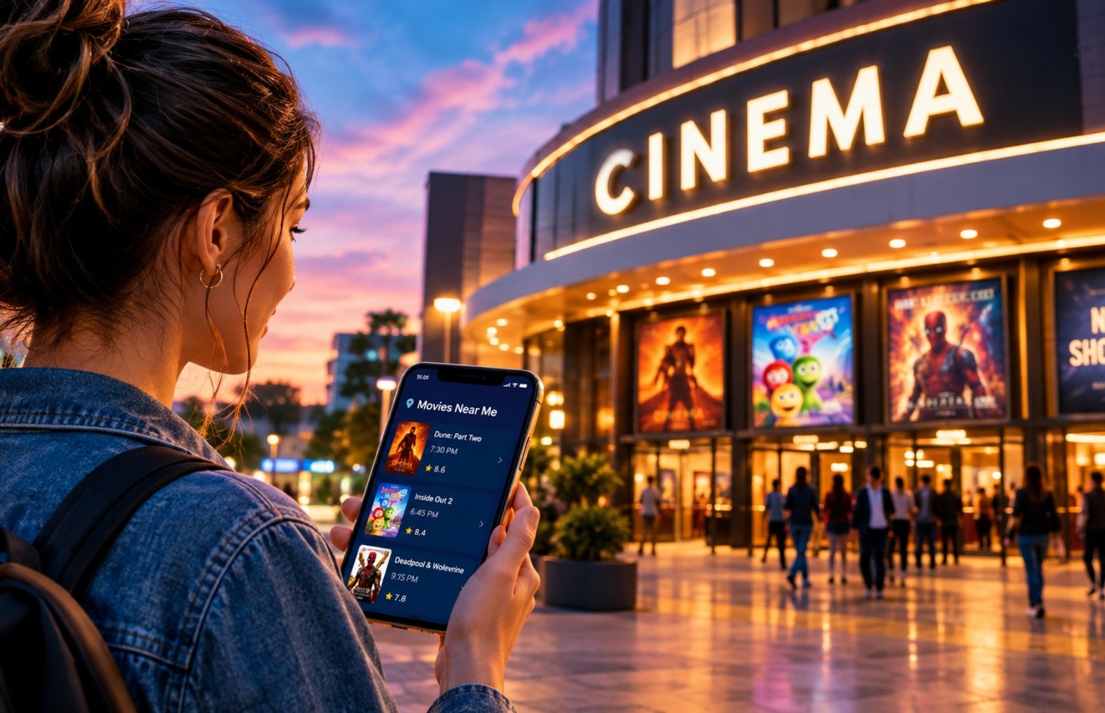 Woman using a smartphone to find movies near her at a cinema