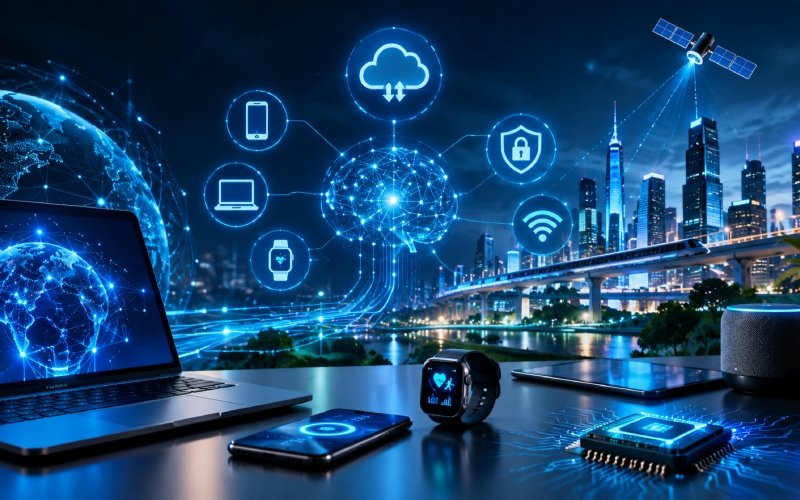 Futuristic smart city connected by digital networks, featuring a laptop, smartphone, smartwatch, smart speaker, computer chip, satellite, cloud, Wi-Fi, security, and IoT technology icons.