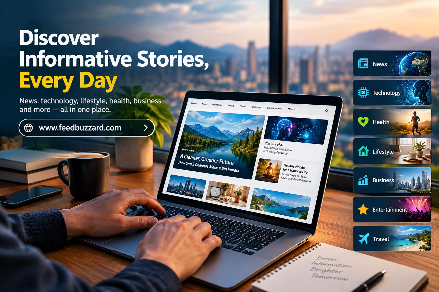FeedBuzzard website hero banner featuring a laptop with news stories, technology, health, lifestyle, business, entertainment and travel content