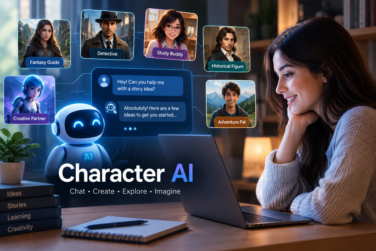 Character AI chatbot helping a user explore creative ideas and interactive AI characters