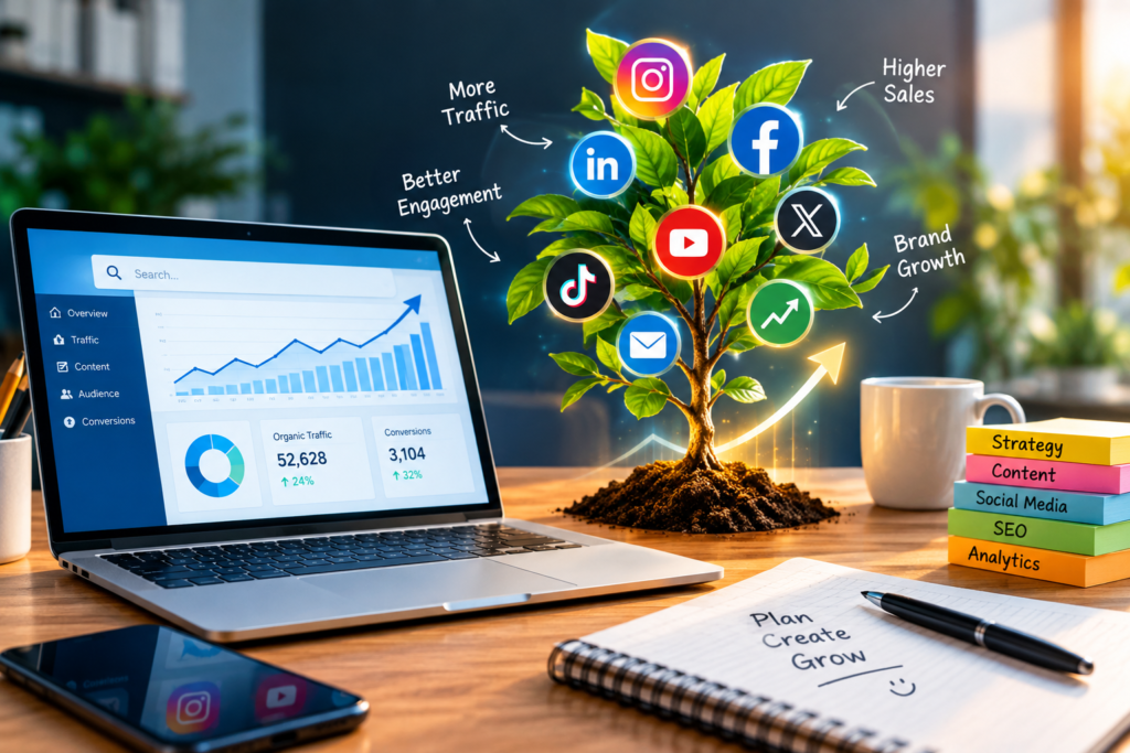 Digital marketing strategy with SEO analytics, social media, website traffic, and business growth.