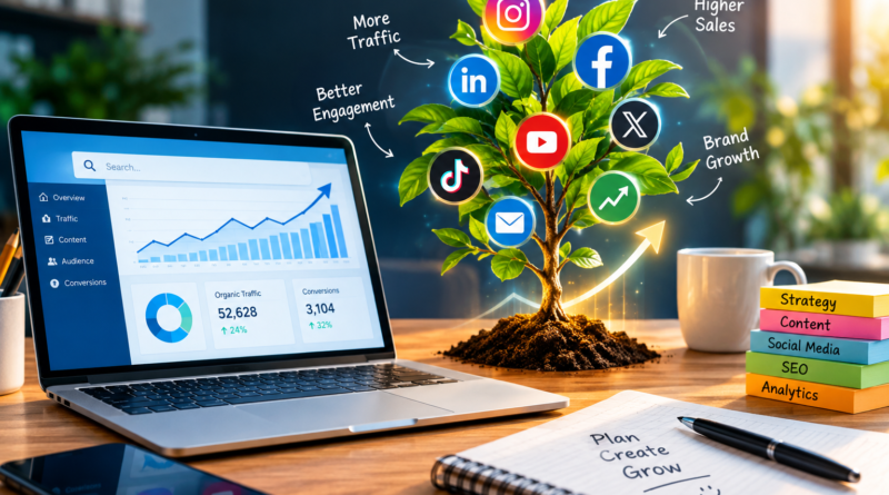 Digital marketing strategy with SEO analytics, social media, website traffic, and business growth.