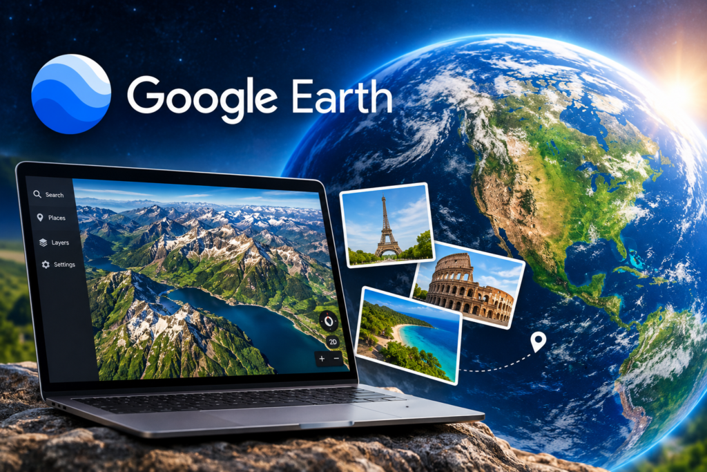 Google Earth satellite imagery showing Earth from space, 3D mountain landscapes, and famous landmarks on a laptop.