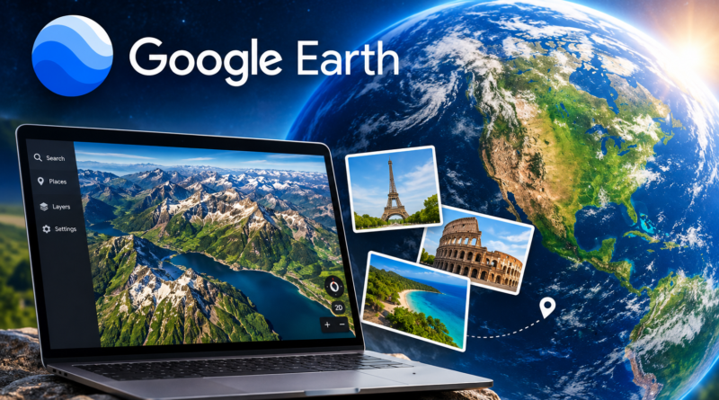 Google Earth satellite imagery showing Earth from space, 3D mountain landscapes, and famous landmarks on a laptop.