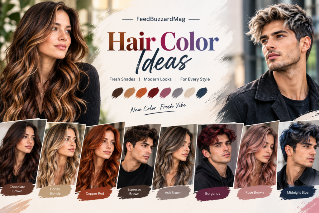 Hair color ideas for men and women featuring chocolate brown, honey blonde, copper red, ash brown, burgundy, rose brown, and midnight blue shades.