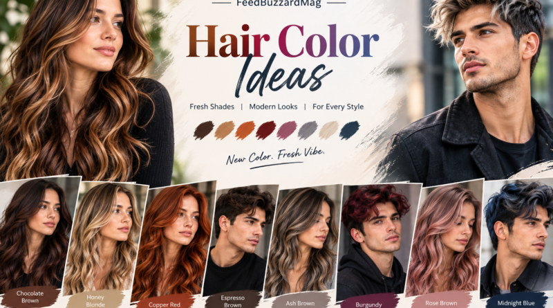 Hair color ideas for men and women featuring chocolate brown, honey blonde, copper red, ash brown, burgundy, rose brown, and midnight blue shades.
