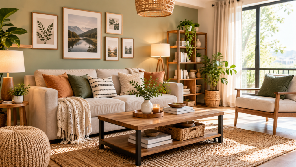 Cozy modern living room with beige furniture, wooden accents, indoor plants, and stylish decor.