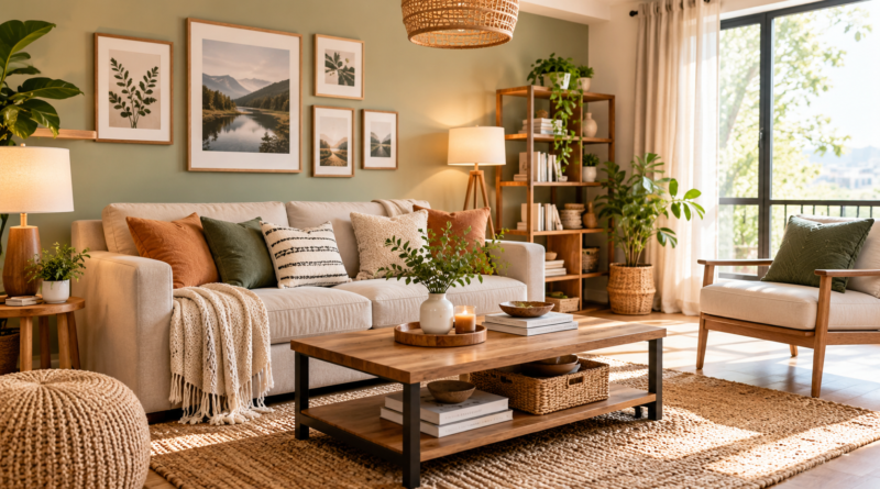 Cozy modern living room with beige furniture, wooden accents, indoor plants, and stylish decor.