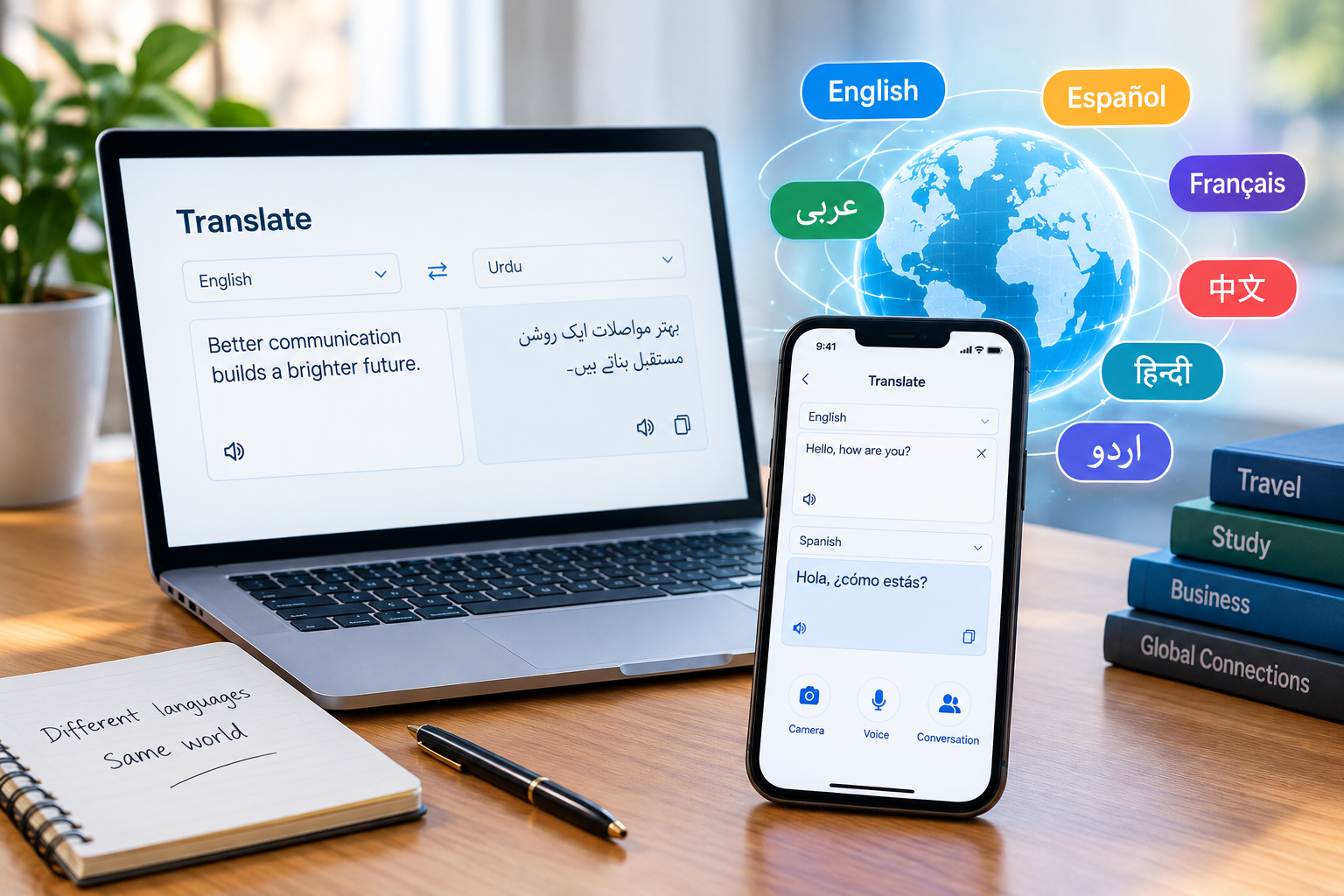 Laptop and smartphone displaying language translation with multiple languages surrounding a digital globe